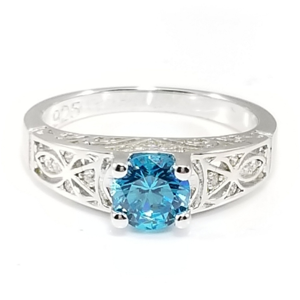Sterling Silver Blue Topaz & CZ Ring Size 7